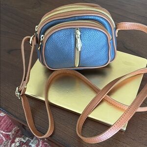 Valentina Blue and Tan Crossbody Bag with Color Blocking